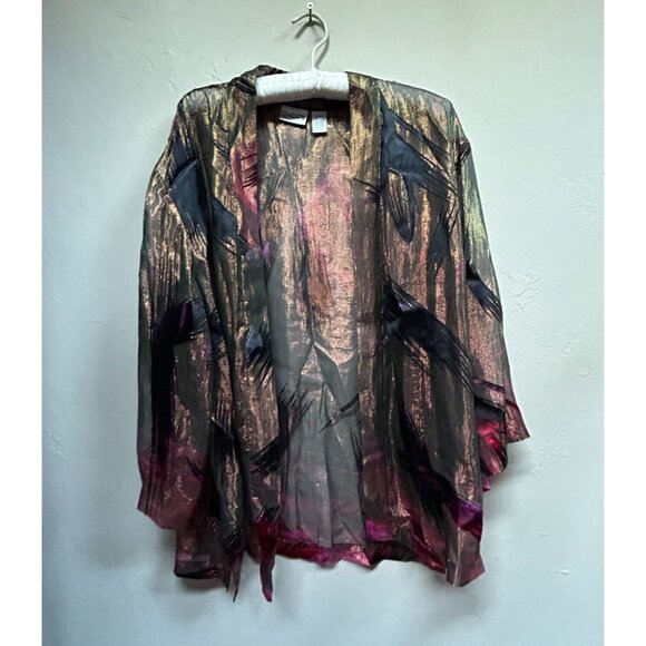 Chico's Women's Open Front Metallic Geo Print Cardigan Silk Blend Black Size 2/3 - Picture 1 of 8